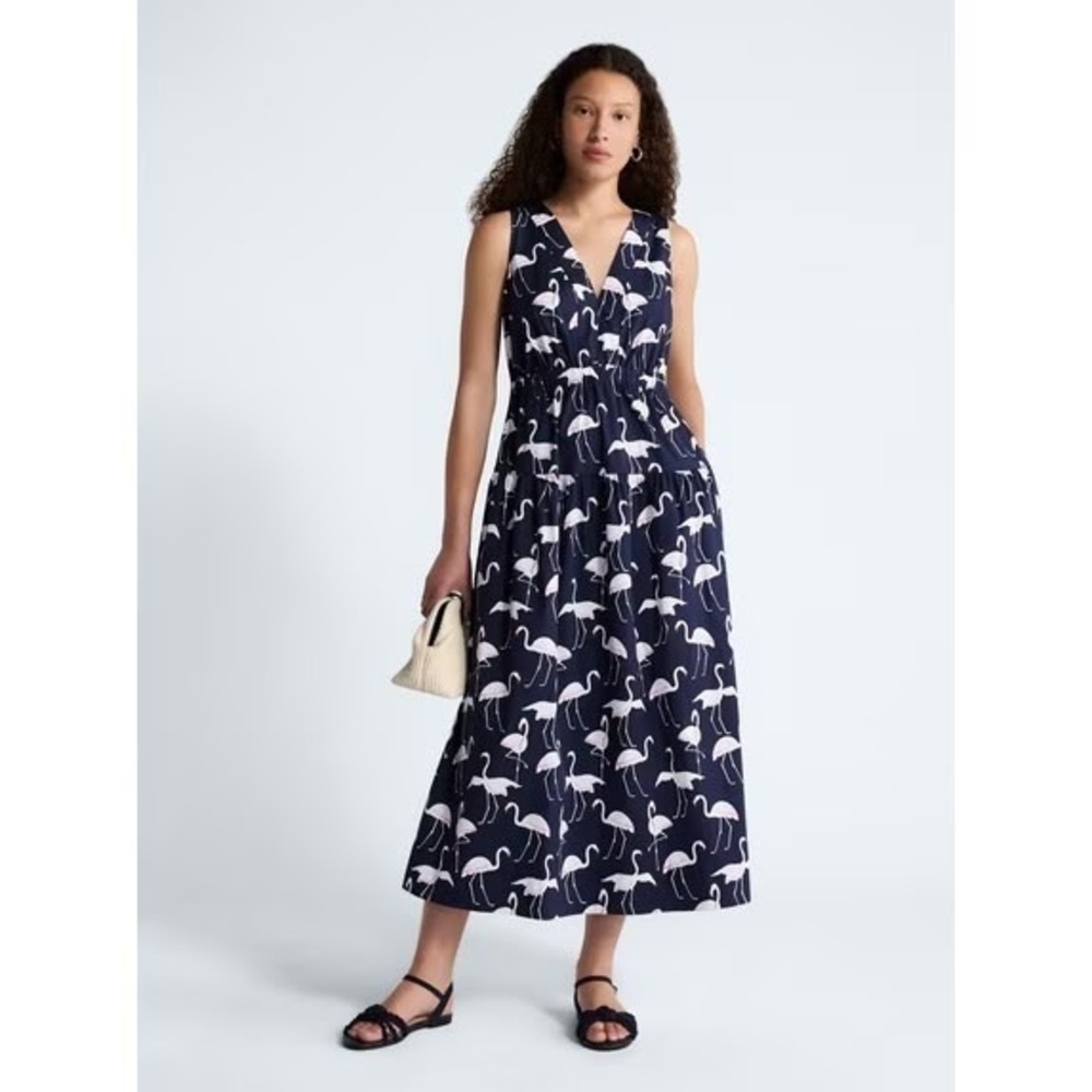 Free Assembly Navy Flamingo Print Tiered Maxi Dress Sleeveless Small NWT